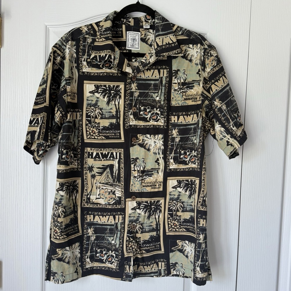 Roundtree & Yorke Men's Hawaiian Shirt Medium 100% Cotton Short Sleeve Black